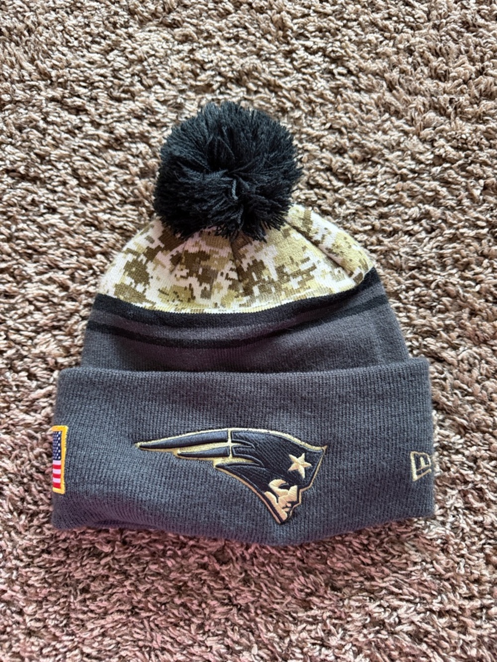 New Era Patriots Camo Crown Knit Beanie with Black Pom